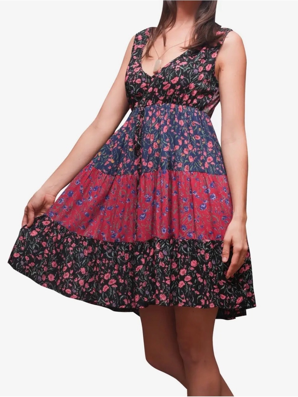 Sacred Threads Floral Tiered V-Neck Mini Dress in Black, Navy and Red